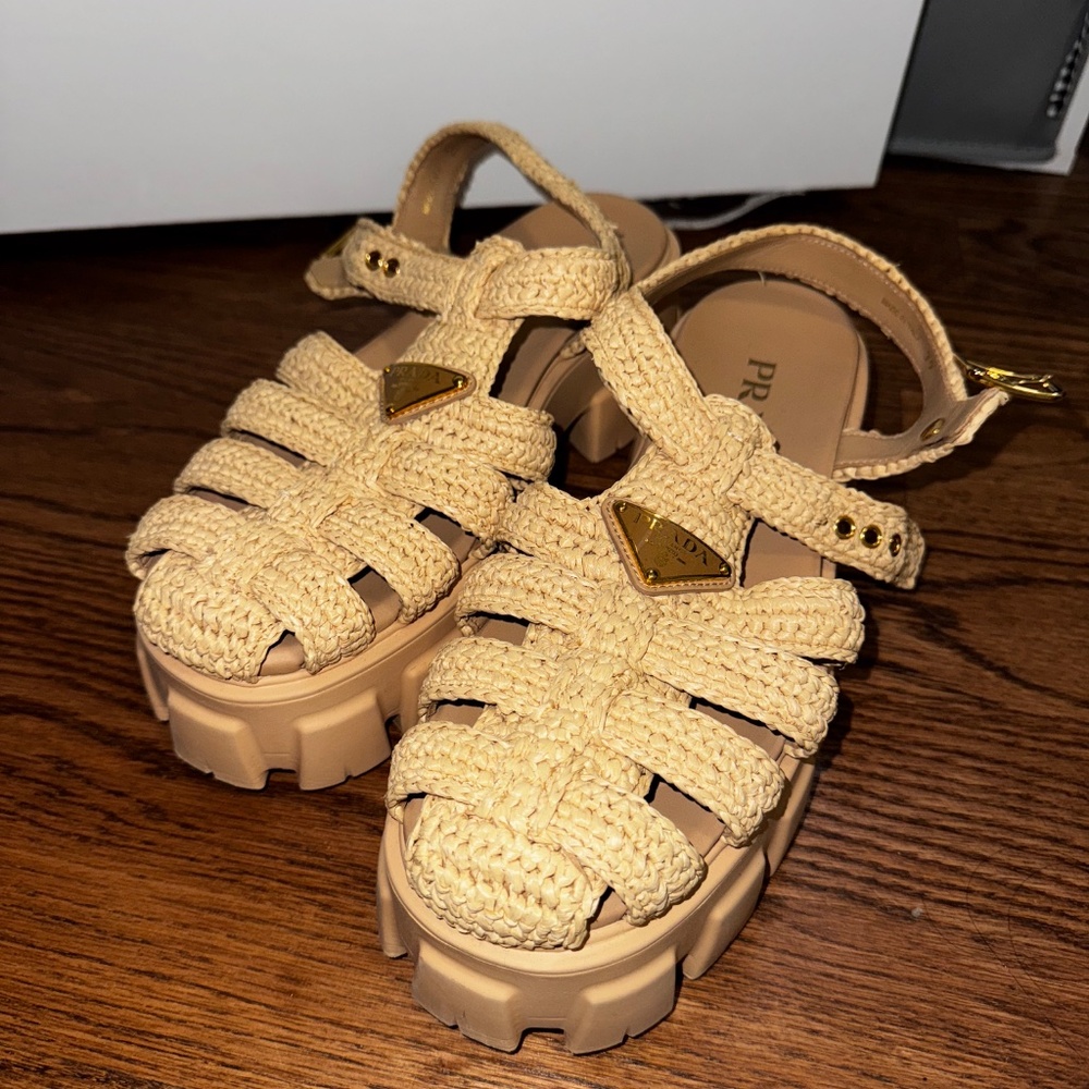 PRADA Monolith Crochet Cage Sandals Beige Khaki- 39 - Picture 13 of 14